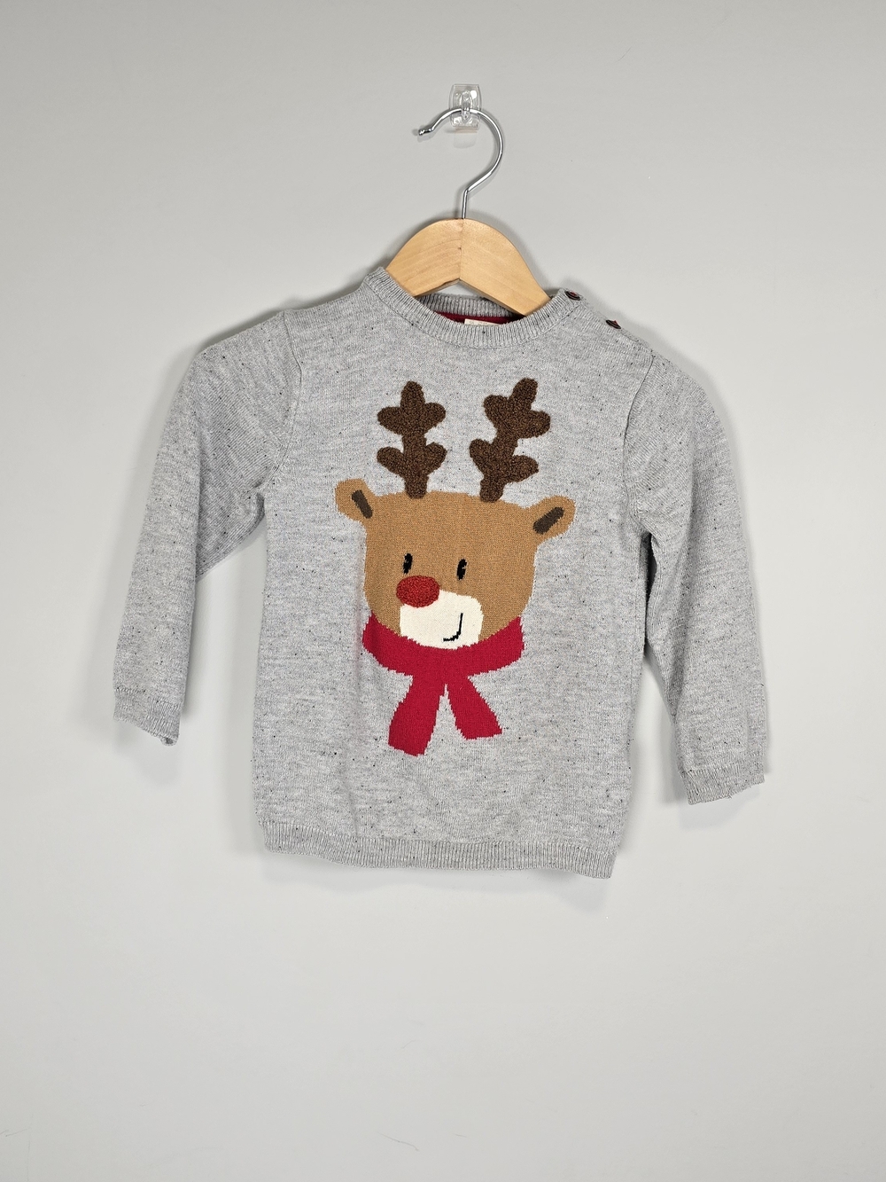 H&M Gray Knit Reindeer Sweater with Red Scarf